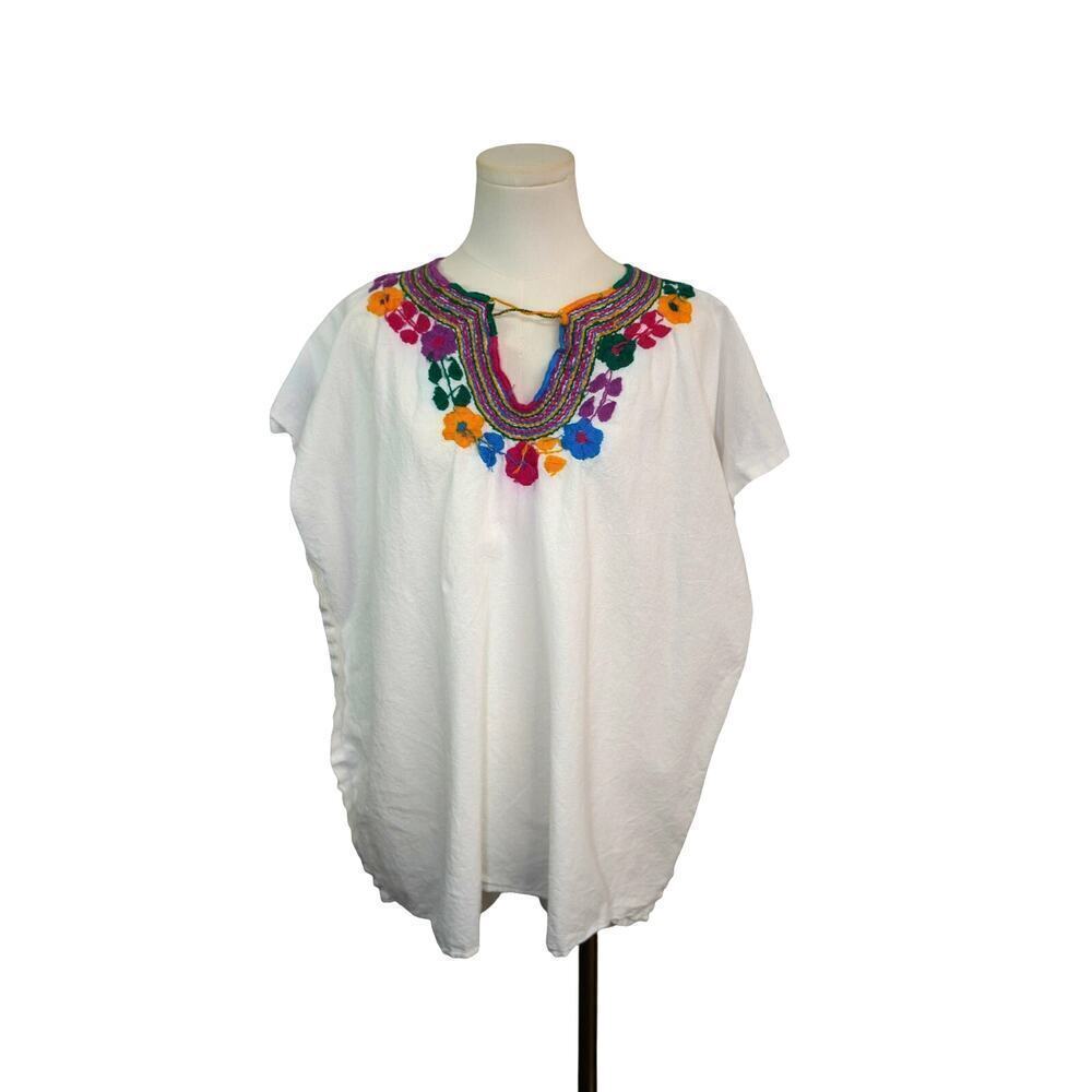 Women’s Handmade White Cotton Shirt with Colorful Embroidery Flowers. 1X